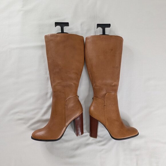 Liz & Co Tan Cognac Leather Side Zip Block Heel Tall Chunky Heel Boots - Picture 3 of 10
